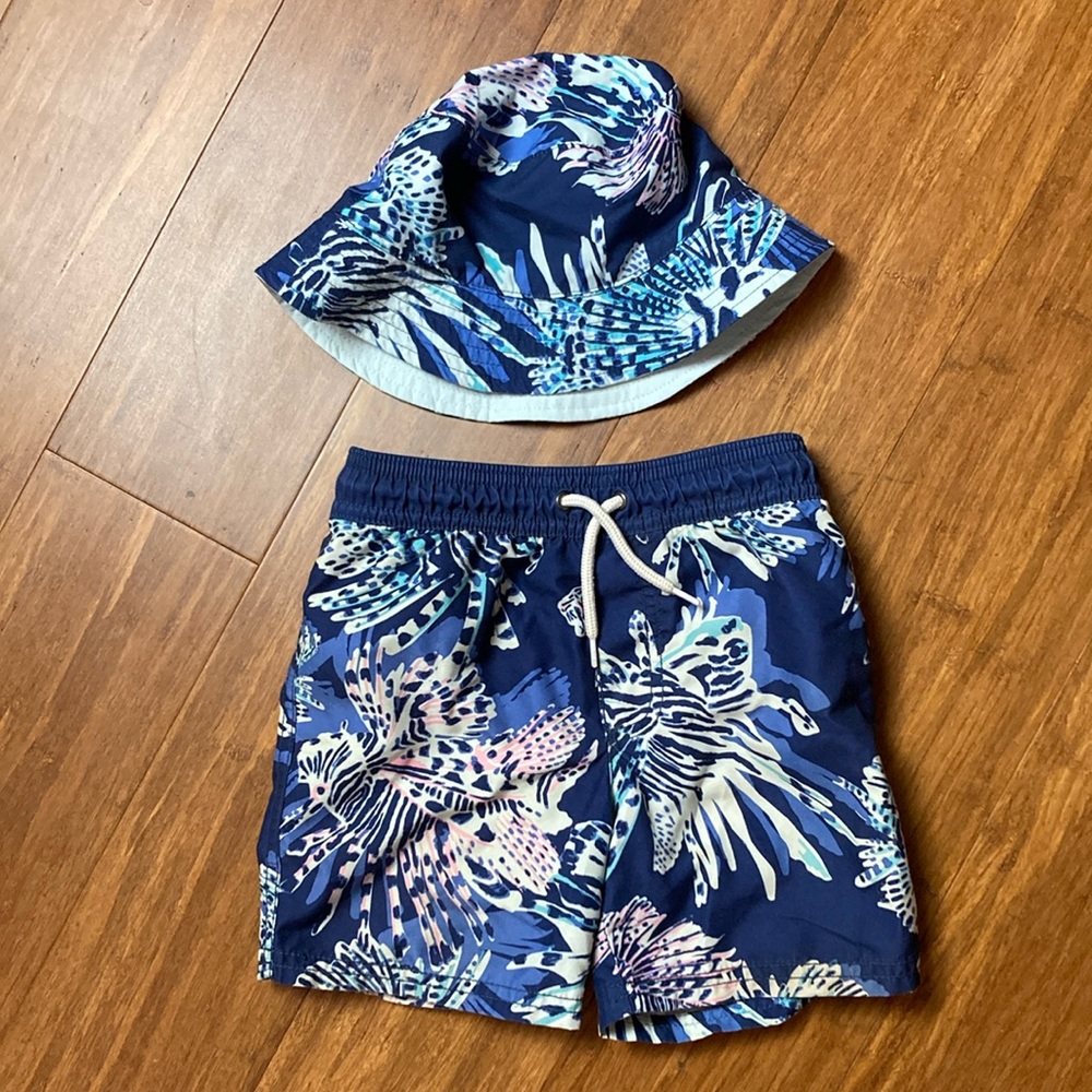Carters Blue Print Swim Trunks & Matching Hat 3T